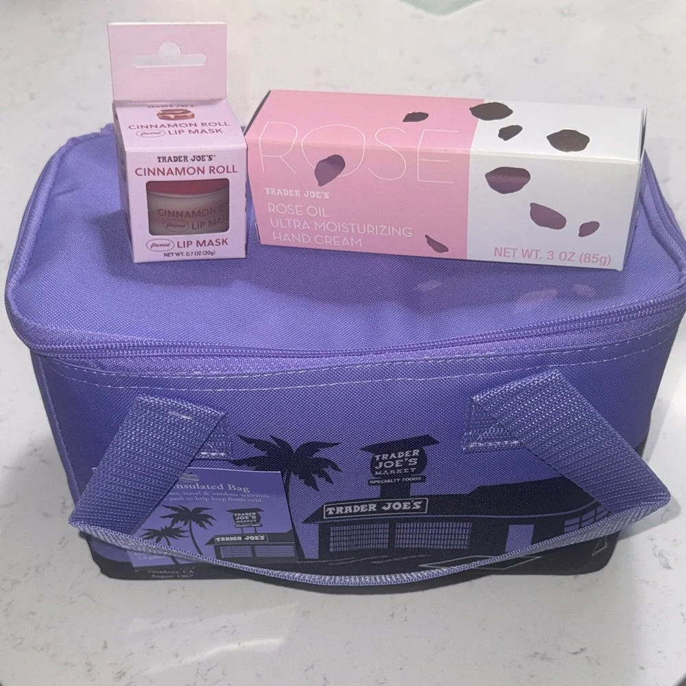 Trader Joe's Bundle - Purple Mini Insulated Lunch Bag with Hand Cream & Lip Mask - Picture 1 of 9
